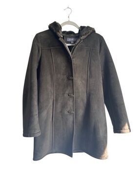 Liz Claiborne Faux Suede Hooded Shearling Coat Chocolate Brown Sz Medium